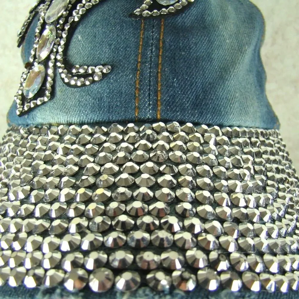 Womens One Size Blue Denim Bling Rhinestone Studded Distressed Adjustable Hat